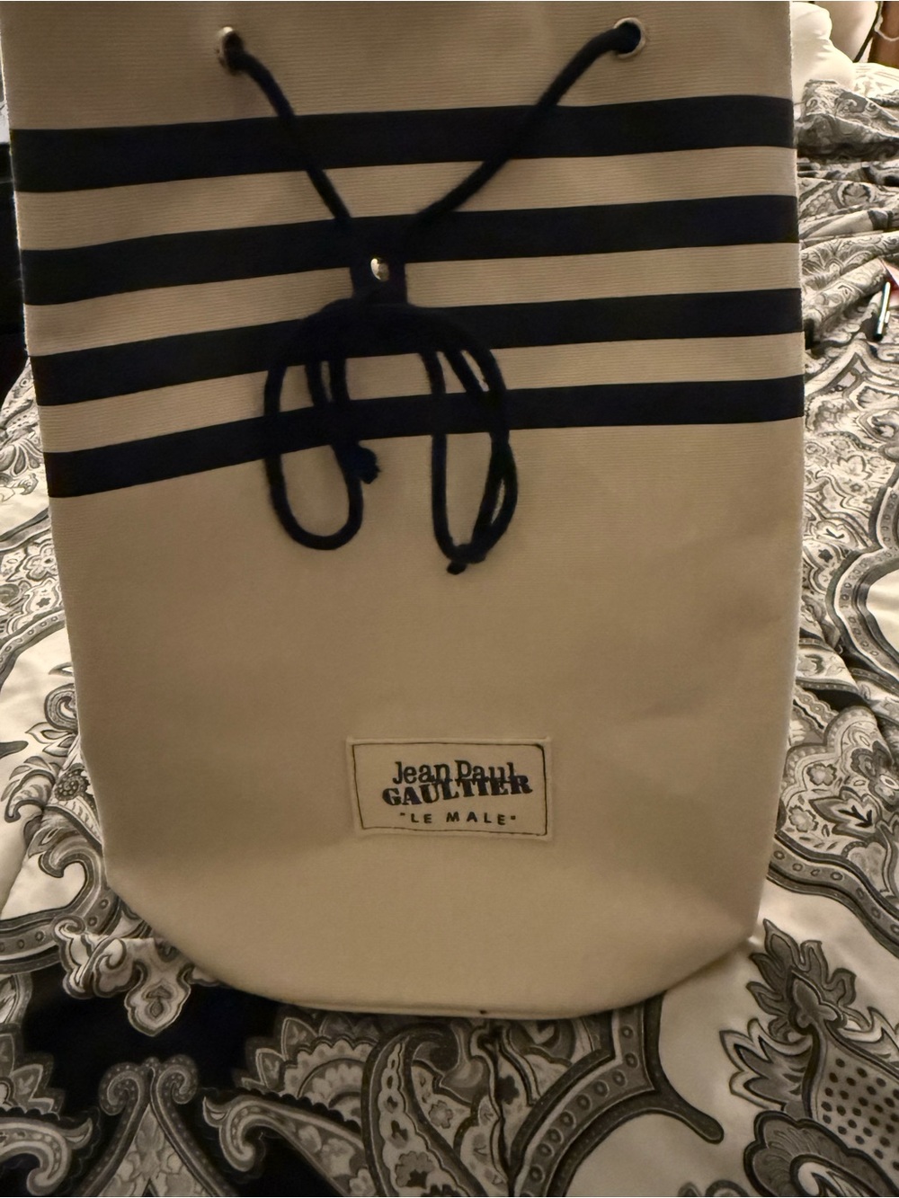 NWOT Jean Paul Gaultier Cream& Blue Striped Le Male Bucket Bag - Picture 2 of 6